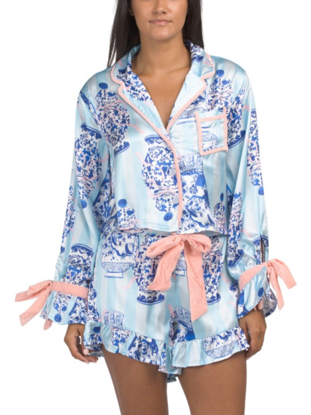 8 OAK LANE 2pc Satin Ruffle Ginger Jar Top And Shorts Pajama Set